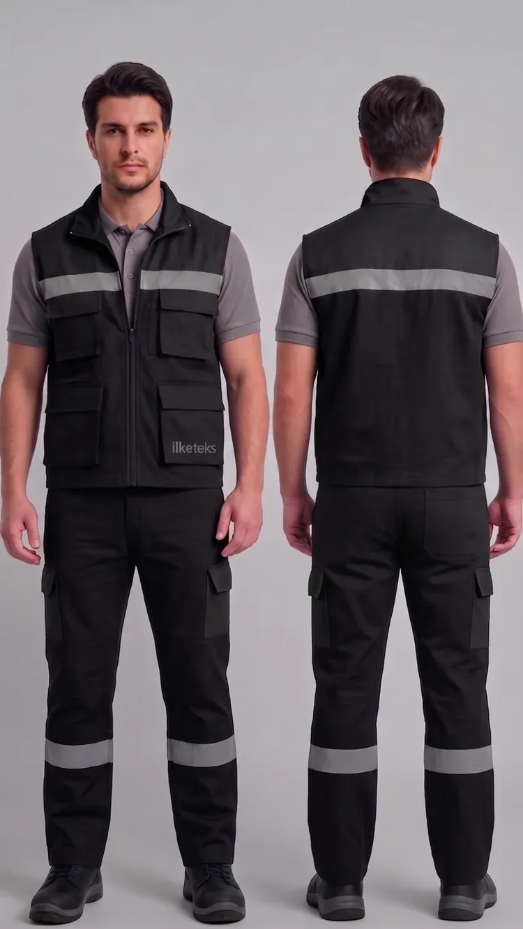 Özel üretim iş yeleği-pantolon takımı #04 — harman gabardin 245 gr/m² full likralı premium pamuk, İlke Tekstil Denizli