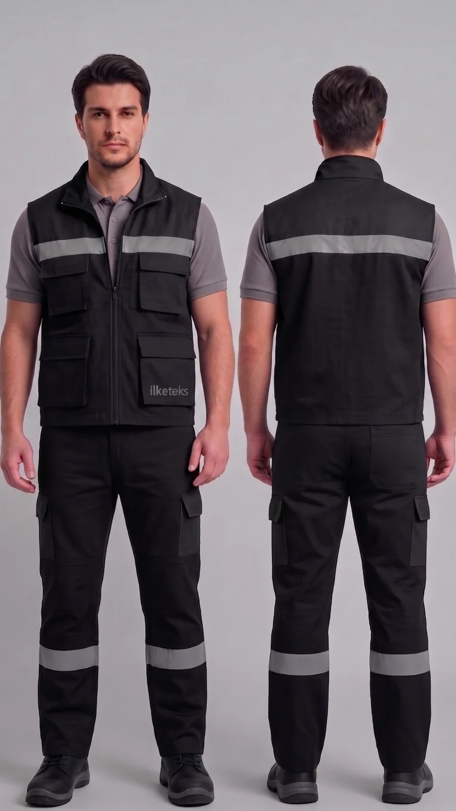 Premium kurumsal iş yeleği-pantolon takımı #04 — harman gabardin 245 gr/m² full likralı, İlke Tekstil Denizli