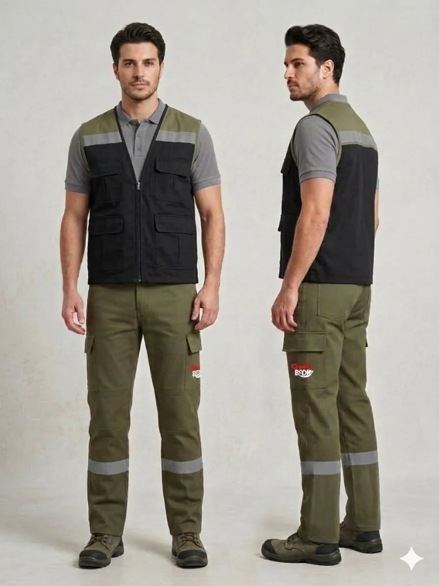Özel üretim iş yeleği-pantolon takımı #16 — harman gabardin 245 gr/m² full likralı premium pamuk, İlke Tekstil Denizli
