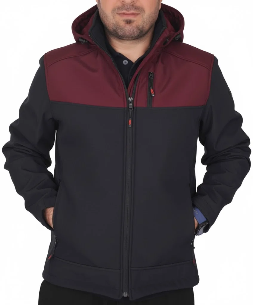 Bordo-siyah kışlık softshell iş montu, kapüşonlu — İlke Tekstil Denizli Fabrikası