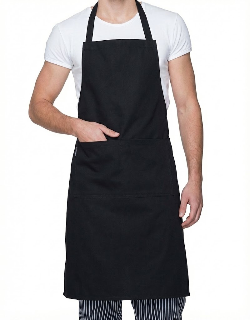 Aşçı bahçıvan askılı önlük — kanvas ağır dokuma 300g haki/kahve · 100-120 cm boy 4-5 cep boyun askısı · pastane/butcher · İlke Tekstil Denizli