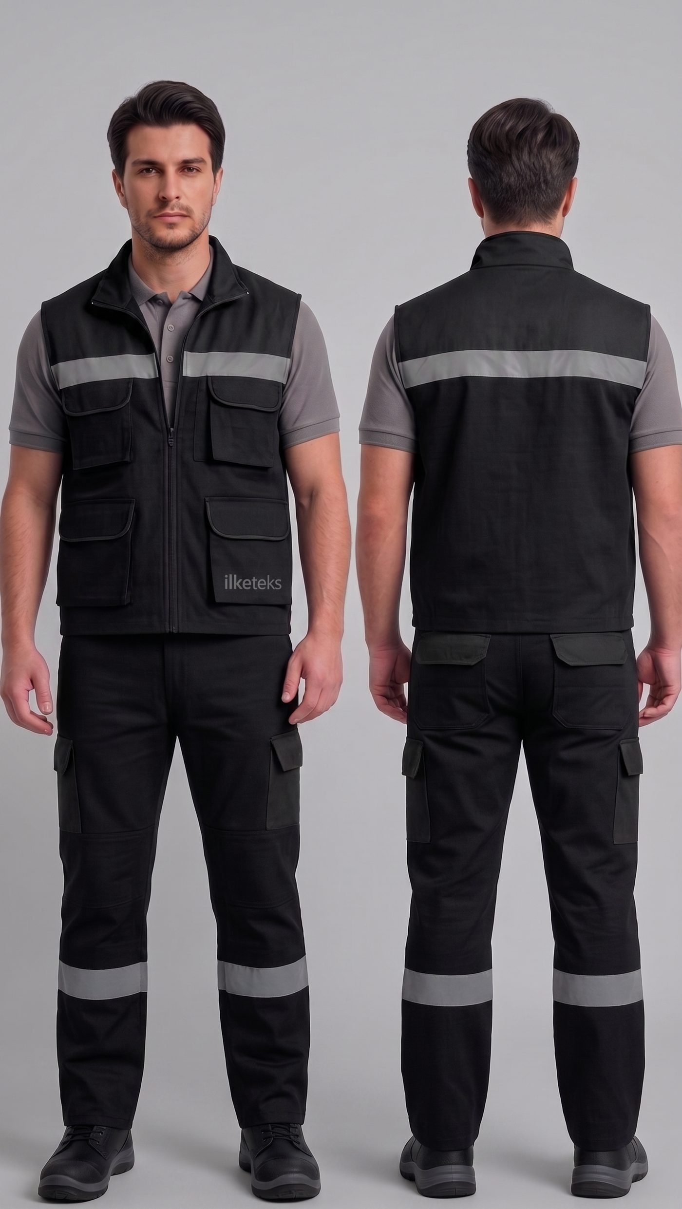 Tam siyah klasik iş yeleği, gri tek şerit reflektör, 4 ön cep, siyah kargo pantolon, ön + arka görünüm, ilke tekstil filigran